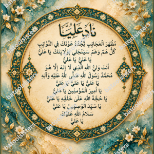 Nade Ali Dua Islamic Wall Art – Arabic Prayer Artwork – Teal, Cream and Gold – 12 × 16 Inch Unframed Digital Download